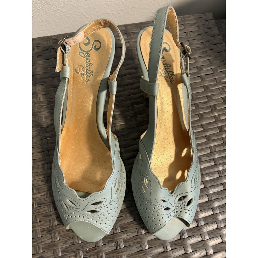 Beautiful Seychelles Peeptoe Slingback Sandals~7.5~Aqua Leather Stacked 3" Heels